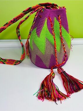 Handwoven Multi-Color Crochet Bucket Bag - Purple & Lime